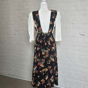 Vintage 90s Peri Petites Floral Pinafore Maxi Dress Whimsigoth Dark Academia